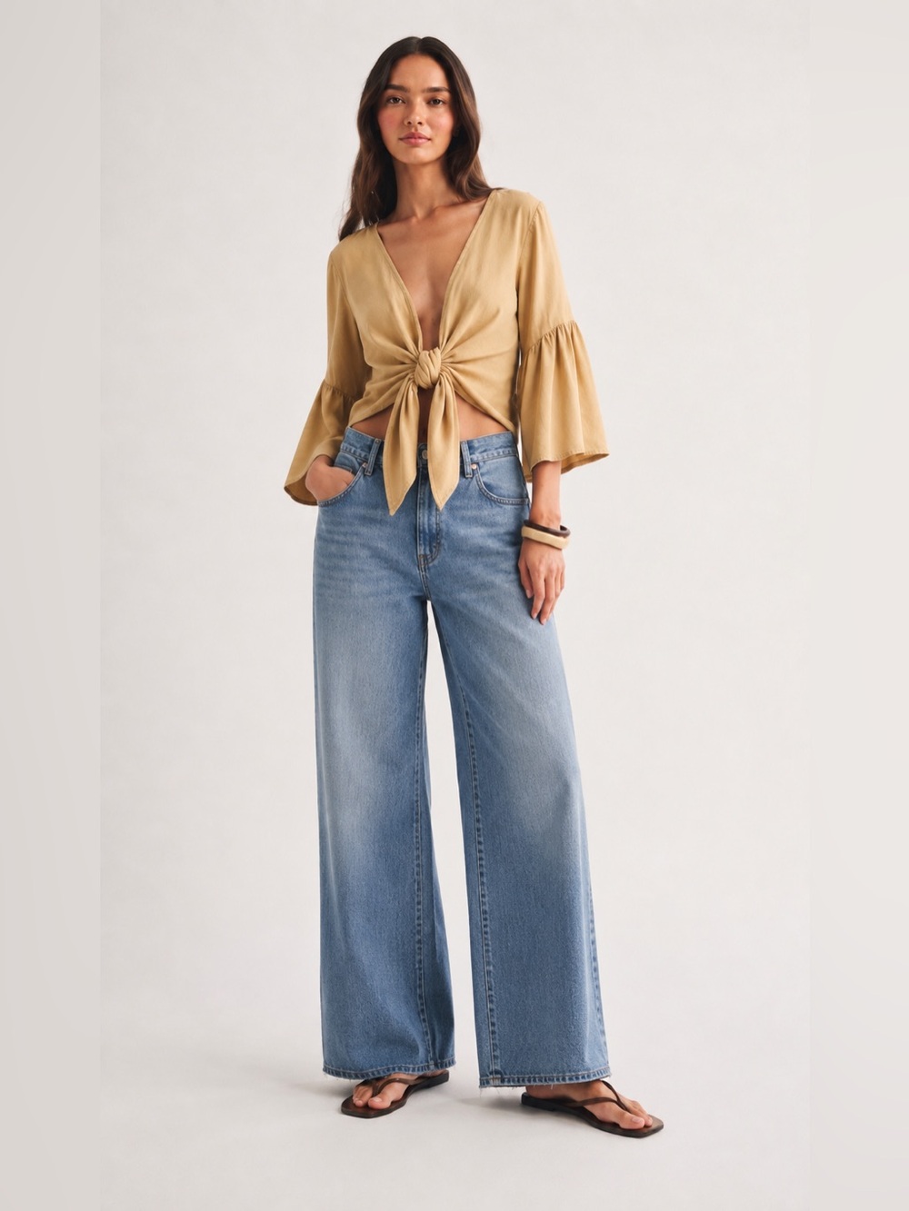 Elan beige cropped flared arm tie waist top retailed $100+